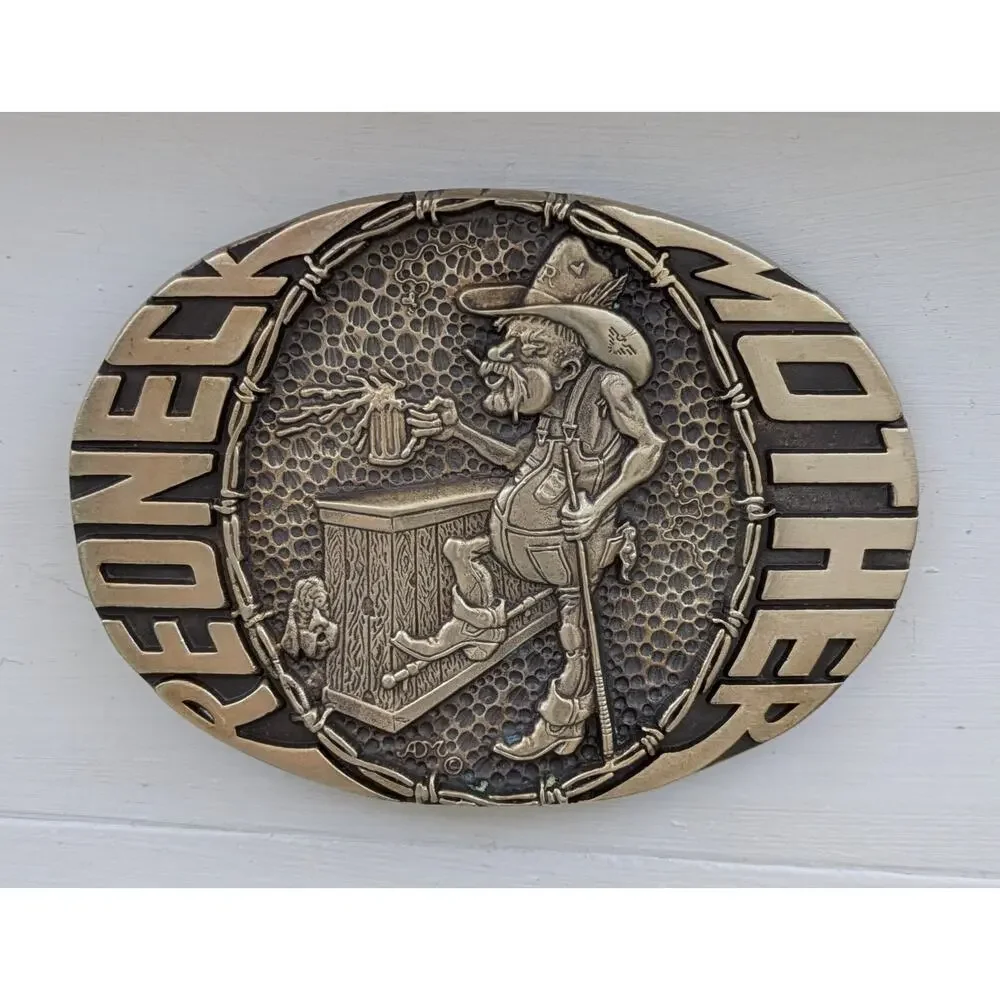 Vintage Redneck Mother Belt Buckle Solid Brass 80s Cowboy Award Design Medals